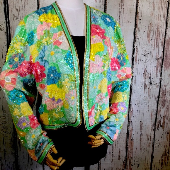 Diane Freis Jackets & Blazers - Vintage DIANE FREIS COUTURE HTF Bespoke Hand Beaded Sequins Floral Bolero Jacket